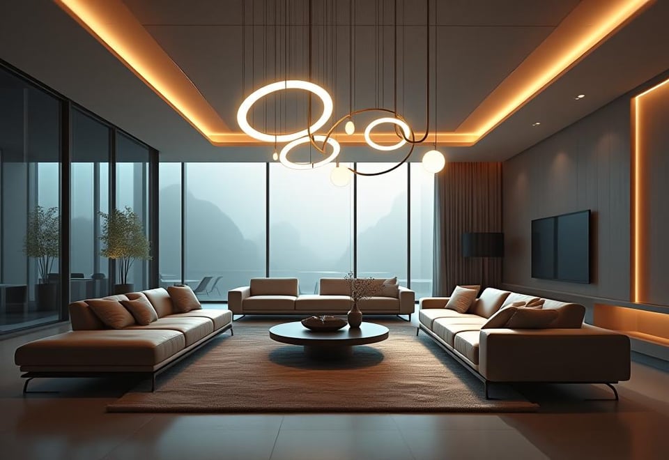 Contemporary living room with artistic pendant lights above minimalist furniture