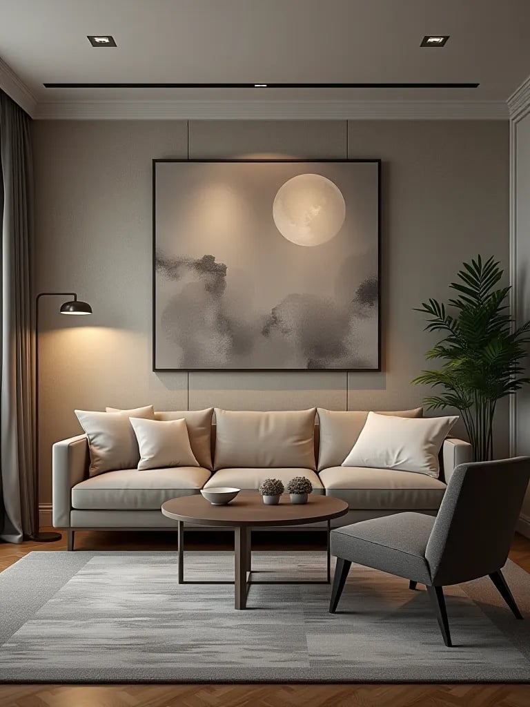 Contemporary living room with geometric wallpaper and abstract art