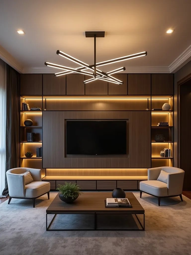 Contemporary living room with linear LED chandelier and strip lighting