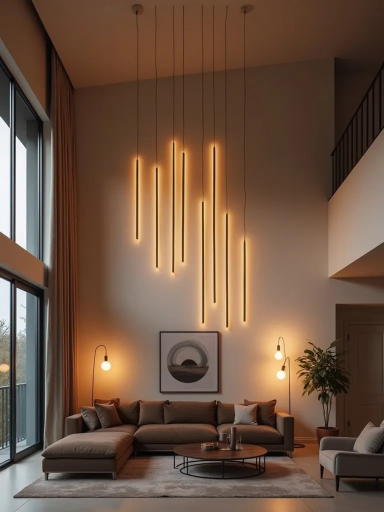 Contemporary living room with long pendant wall sconces hanging from high ceiling