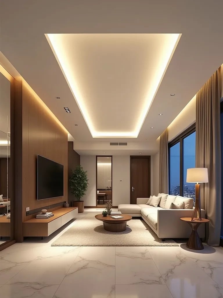 Contemporary living room with long, sleek LED ceiling light fixture