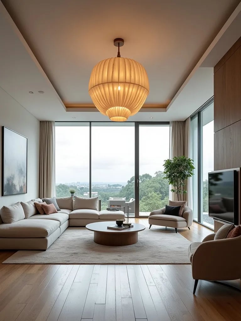 Contemporary living room with sculptural ceiling light and large windows
