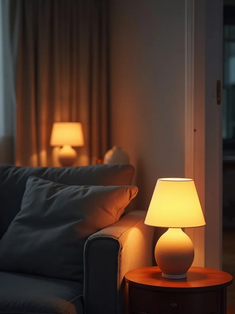 Contemporary living room with smart table lamps showing various light settings