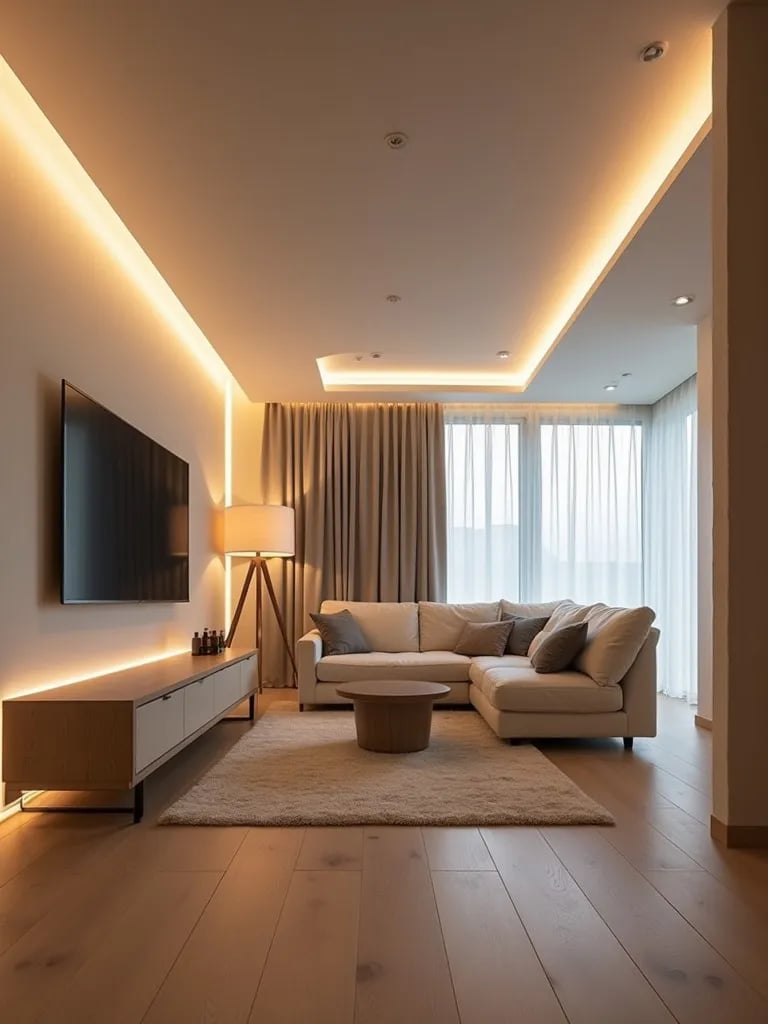 Contemporary living room with soft, diffused glow from recessed ceiling lights