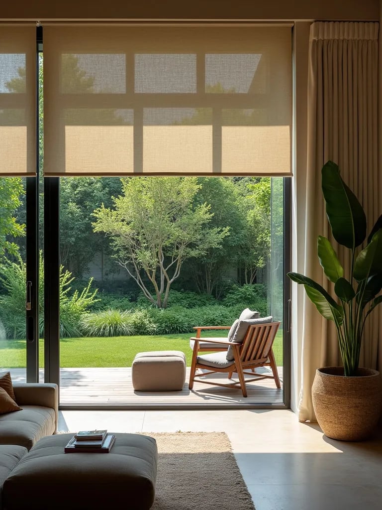 Contemporary living space with expansive glass wall facing garden