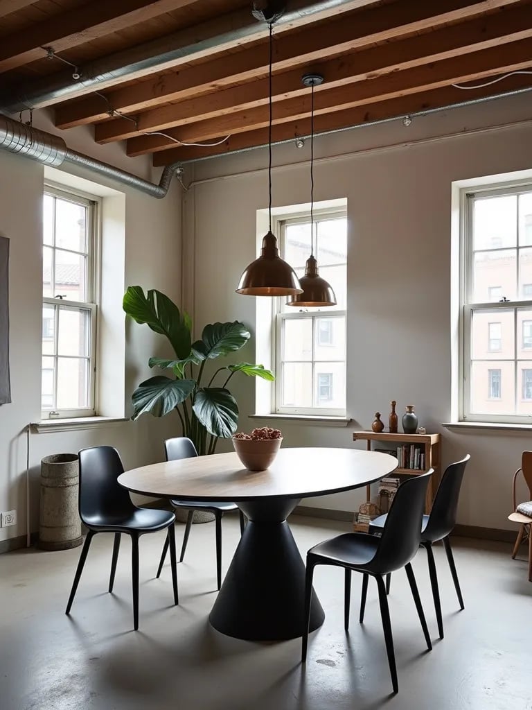 Contemporary loft dining area with sculptural table and industrial lighting