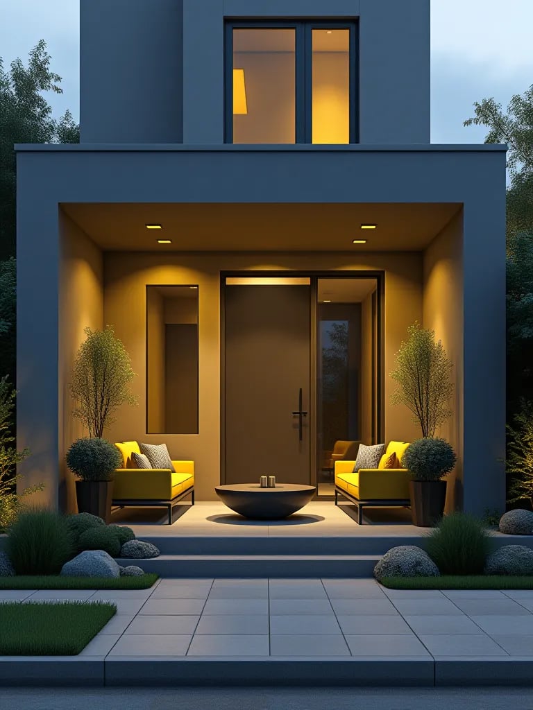 Contemporary matte gray porch with yellow details and geometric planters