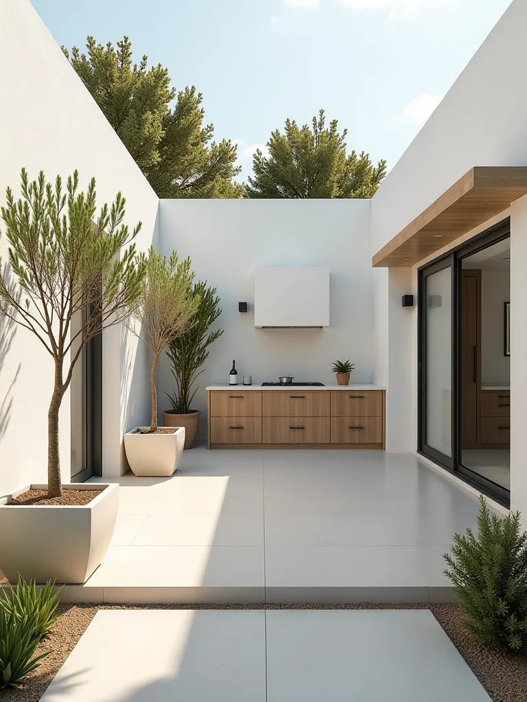 Contemporary patio with Mediterranean influences and built in kitchen in warm light