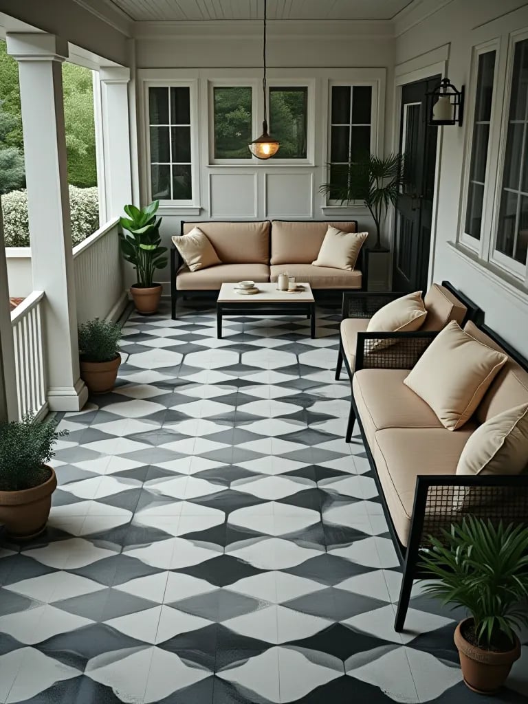 Contemporary porch featuring bold geometric floor pattern and metal furniture