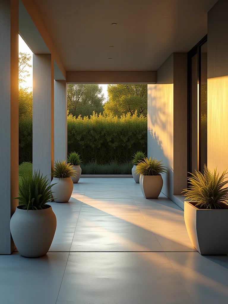 Contemporary porch with light gray concrete floor at golden hour