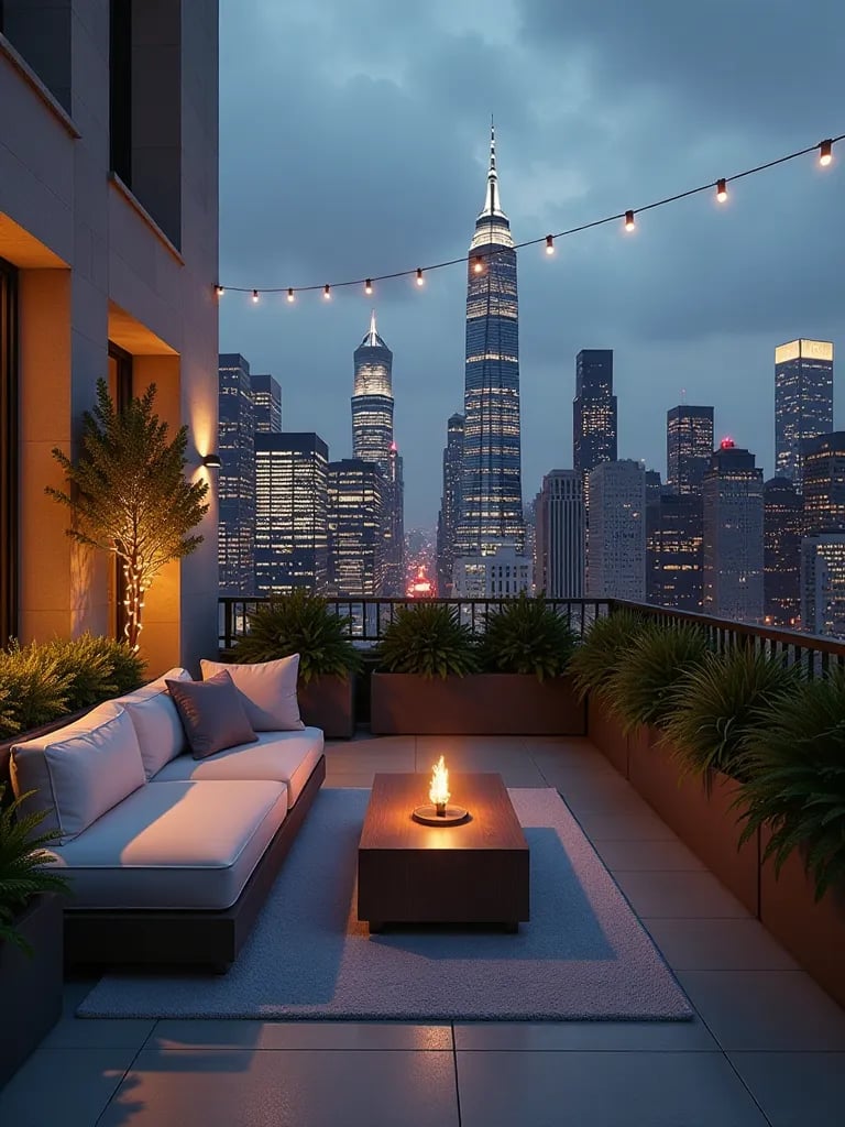 Contemporary rooftop terrace with modular seating and city views at dusk
