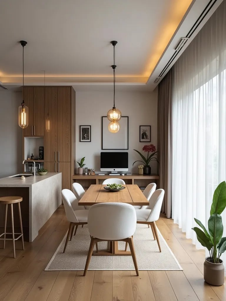 Contemporary room with dining, office, and lounge areas divided by partial wall