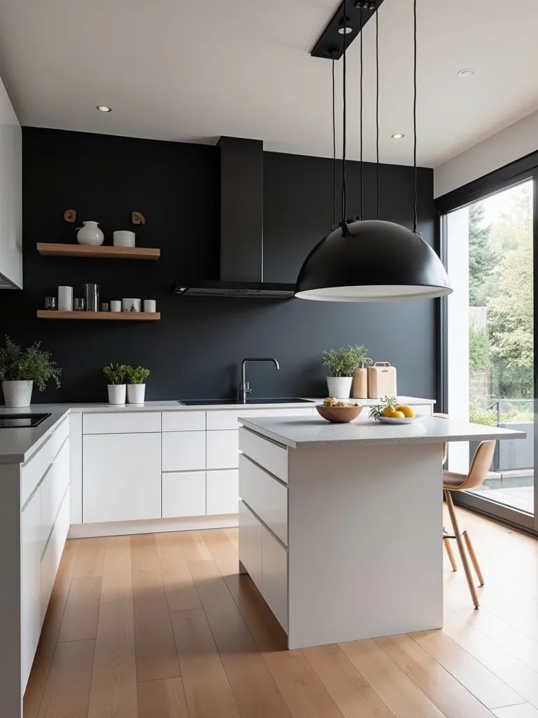 Contrasting Scandinavian kitchen with light floors and dark accent wall