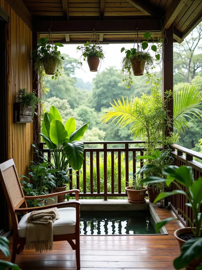 Corner view of balcony with tropical plants and zen like water feature