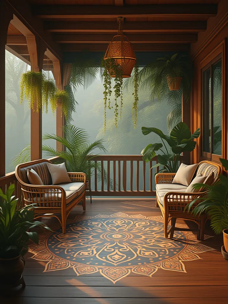 Corner view of porch with earthy mandala floor pattern and hanging plants