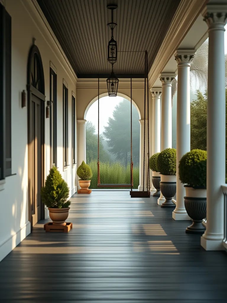 Covered porch with charcoal floor, white columns, and hanging swing