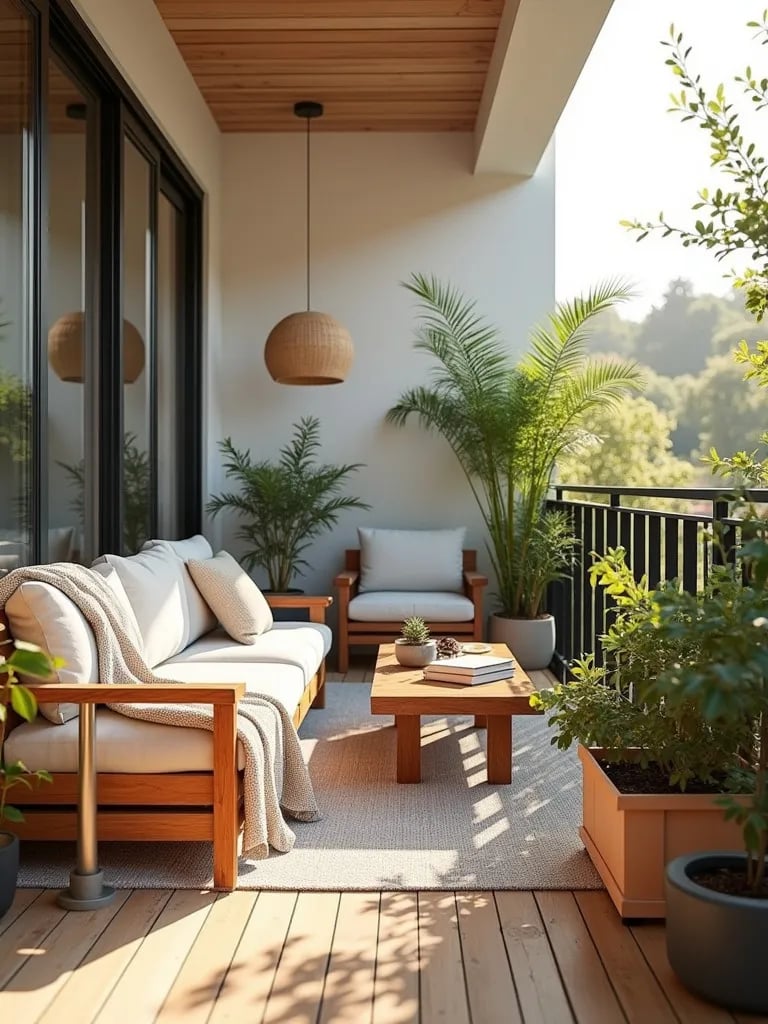 Cozy Scandinavian balcony featuring modular furniture and warm textiles