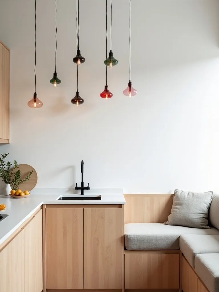 Cozy Scandinavian breakfast nook with hanging colorful glass lights