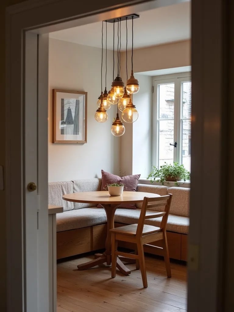 Cozy Scandinavian kitchen nook with cluster of mismatched pendant lights over wooden table