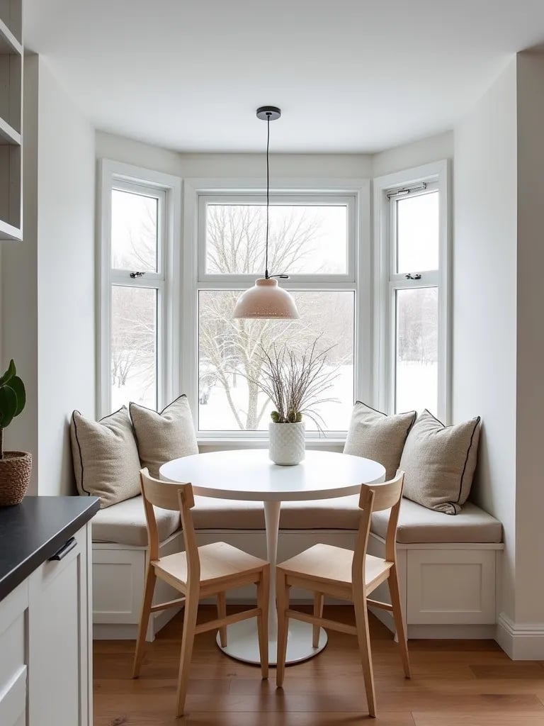 Cozy Scandinavian kitchen nook with round table and bay window
