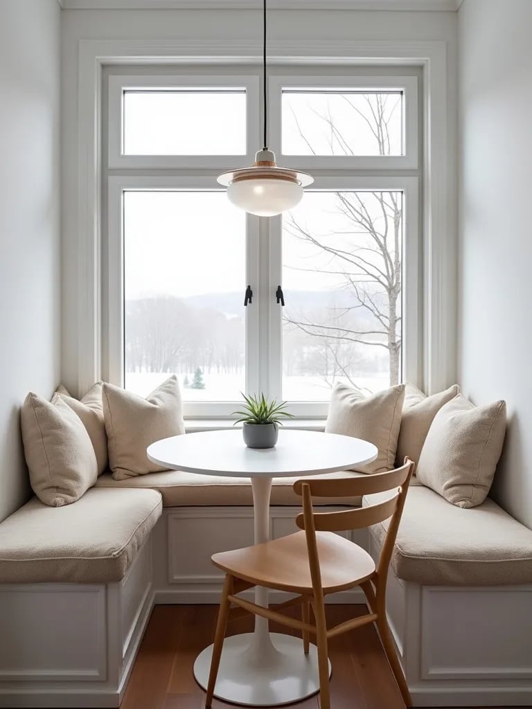 Cozy Scandinavian kitchen nook with round table and built in bench