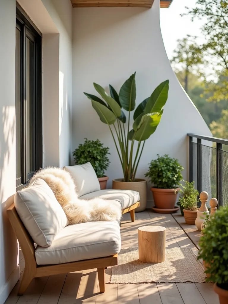 Cozy Scandinavian style balcony with minimalist decor and soft lighting