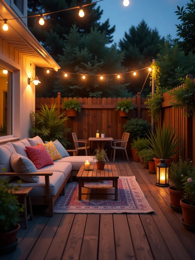 Cozy backyard patio with DIY deck, string lights, and potted plants at dusk