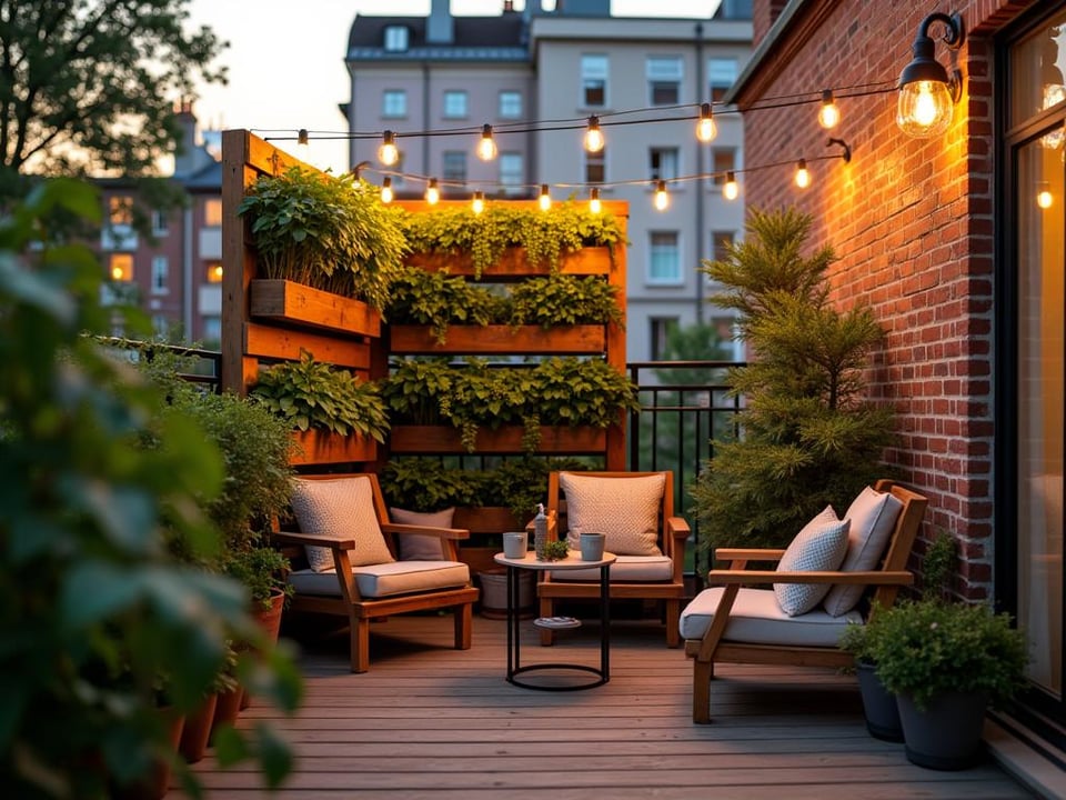 Cozy balcony corner with pallet herb garden and seating area
