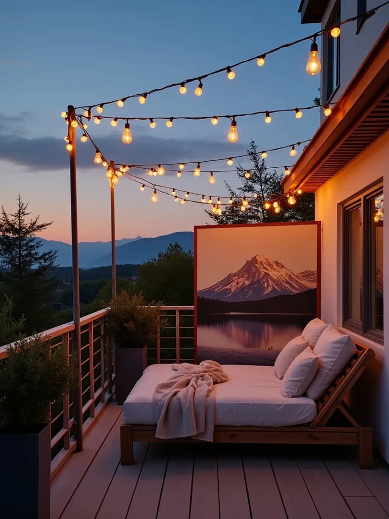Cozy balcony featuring string light canopy, painted privacy screen, and plush daybed at dusk