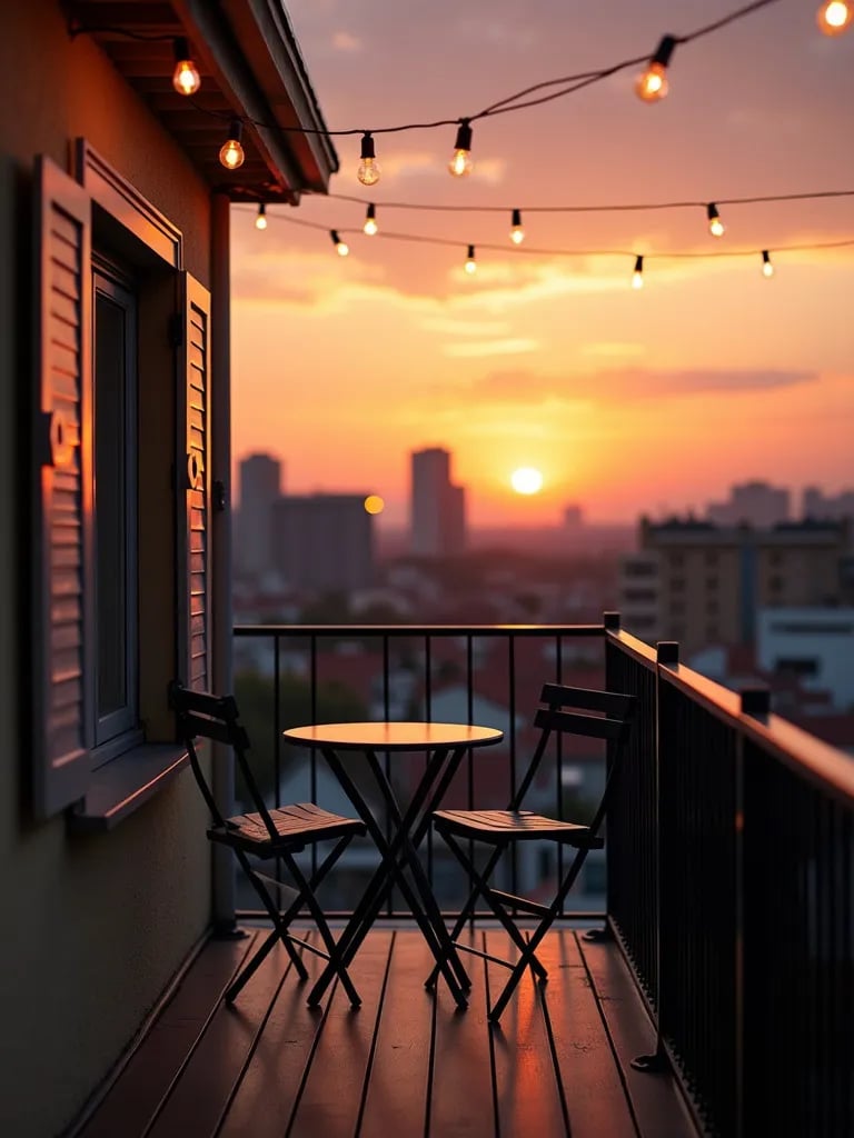 Cozy balcony setup with folding furniture and ambient lighting at dusk