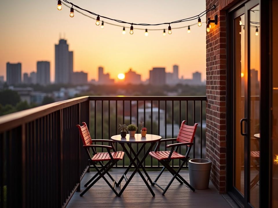 Cozy balcony setup with folding table and chairs against city backdrop