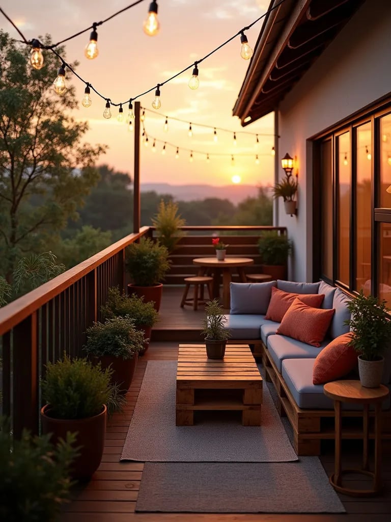 Cozy balcony with DIY pallet furniture, string lights, and plants at sunset