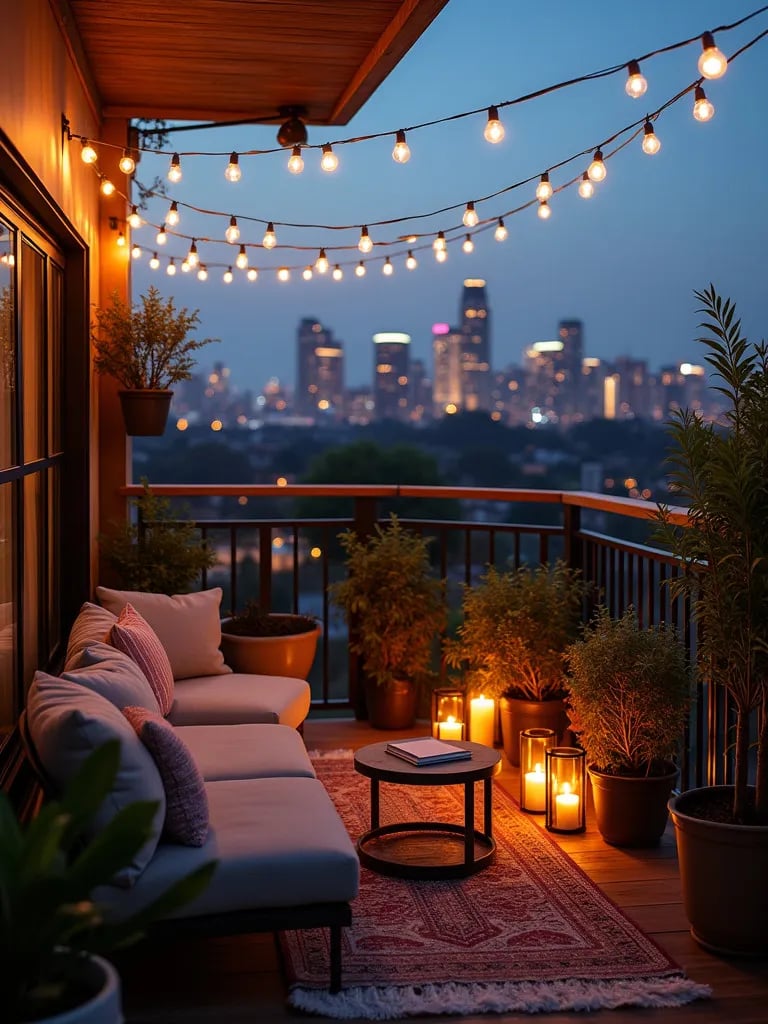 Cozy balcony with string lights and plants overlooking city at dusk
