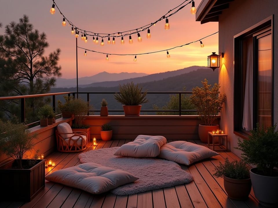 Cozy balcony with string lights, cushions, and plants at sunset