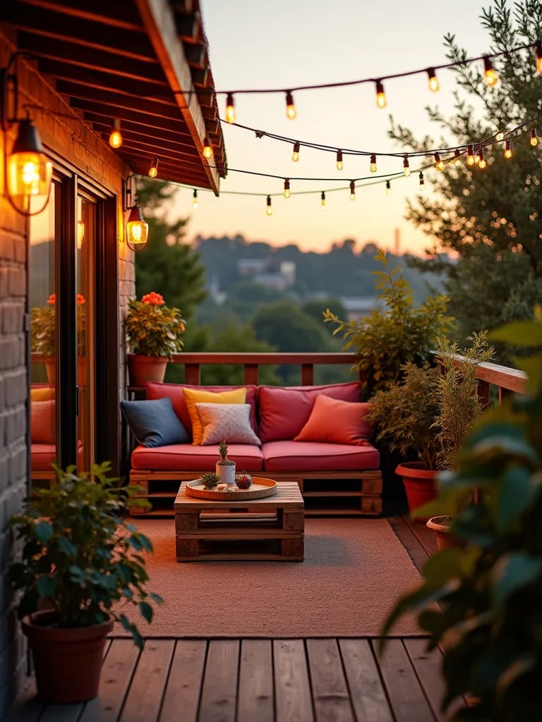 Cozy balcony with string lights, plants, and DIY pallet sofa at sunset