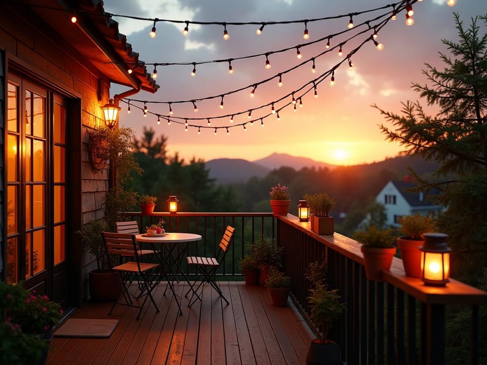 Cozy balcony with string lights, plants, and bistro set at sunset