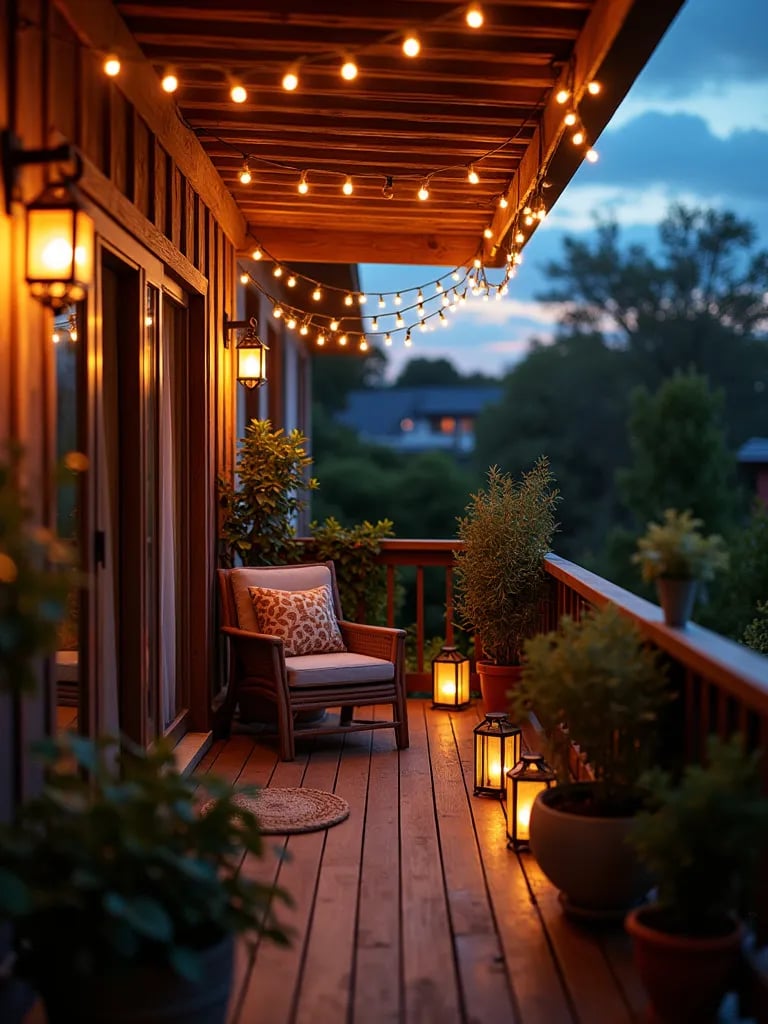 Cozy balcony with string lights, plants, and comfortable seating at dusk