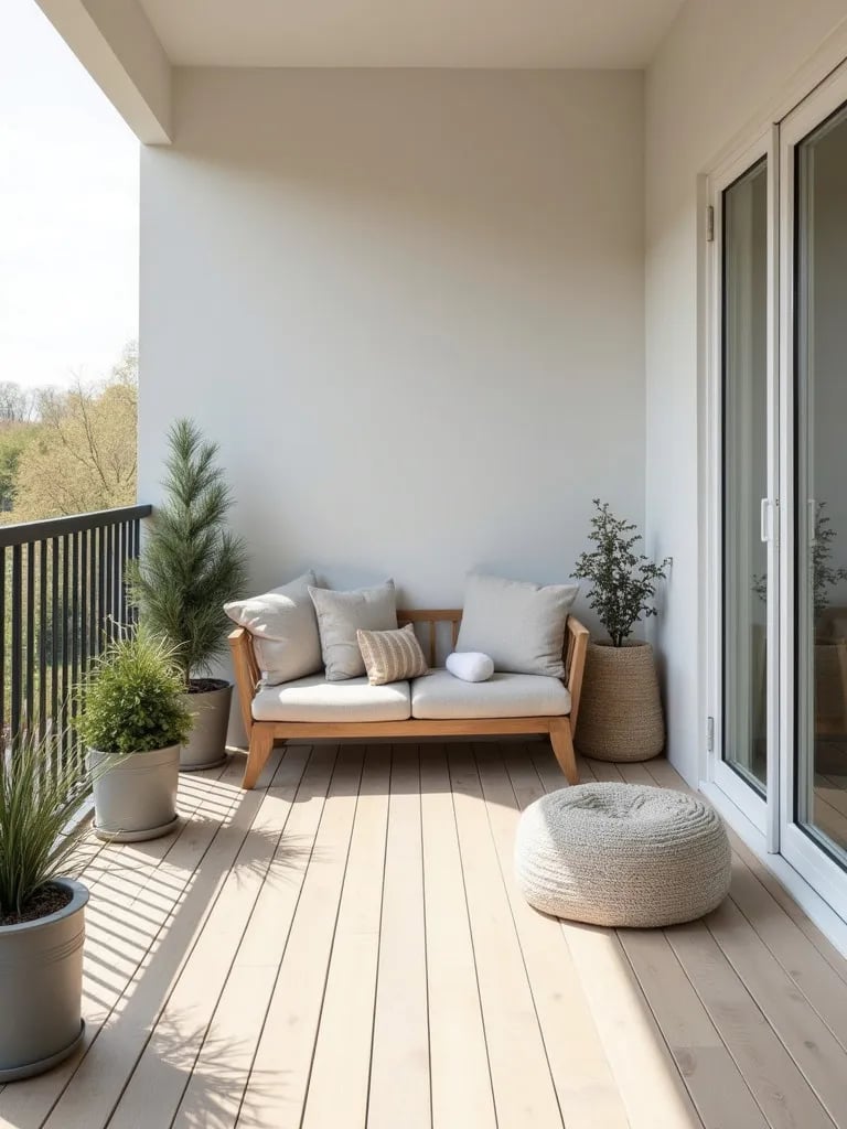 Cozy balcony with vinyl plank floor and Scandinavian style furnishings