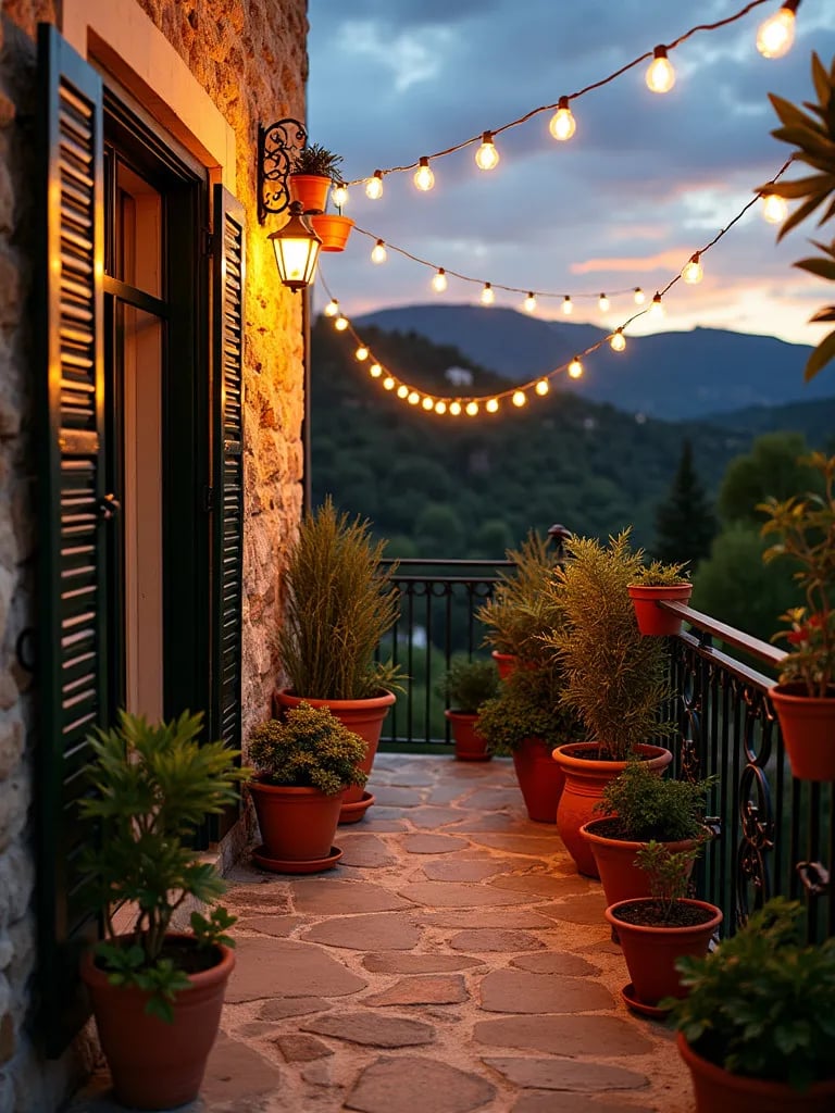Cozy balcony with weathered stone floor and warm lighting