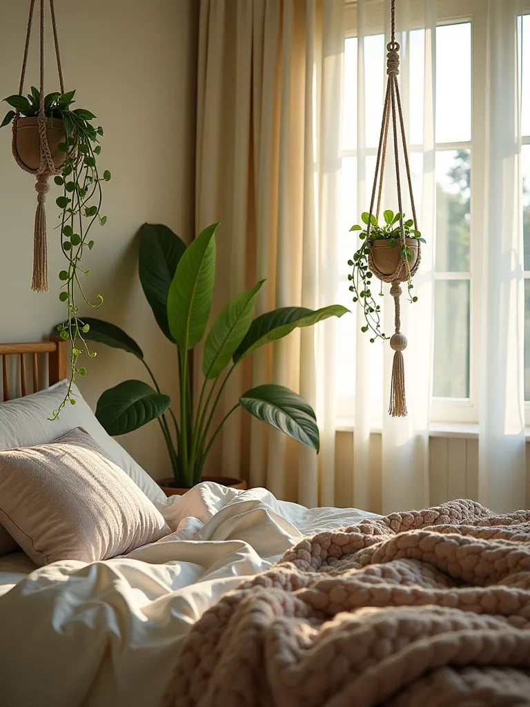 Cozy bedroom with macrame hangers and cascading plants