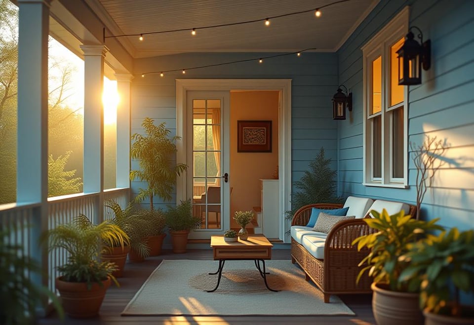 Cozy blue painted back porch with wicker furniture and string lights at sunset