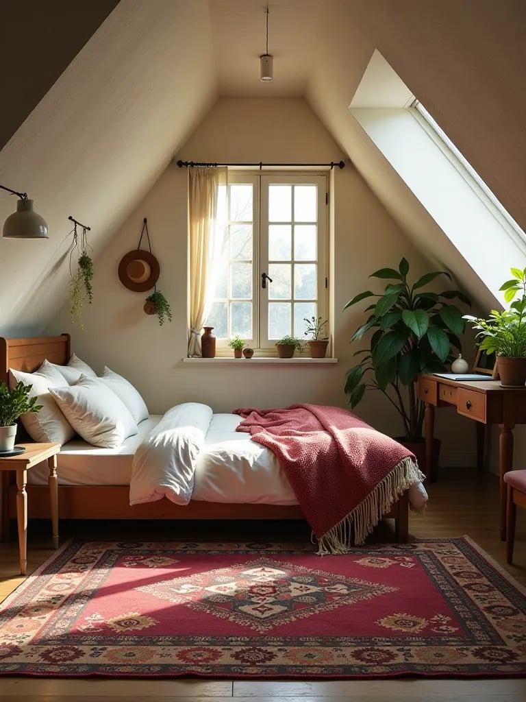 Cozy bohemian attic bedroom with slanted ceilings and eclectic furnishings
