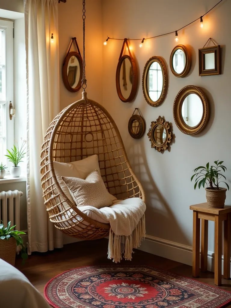 Cozy bohemian bedroom nook with rattan chair and string lights