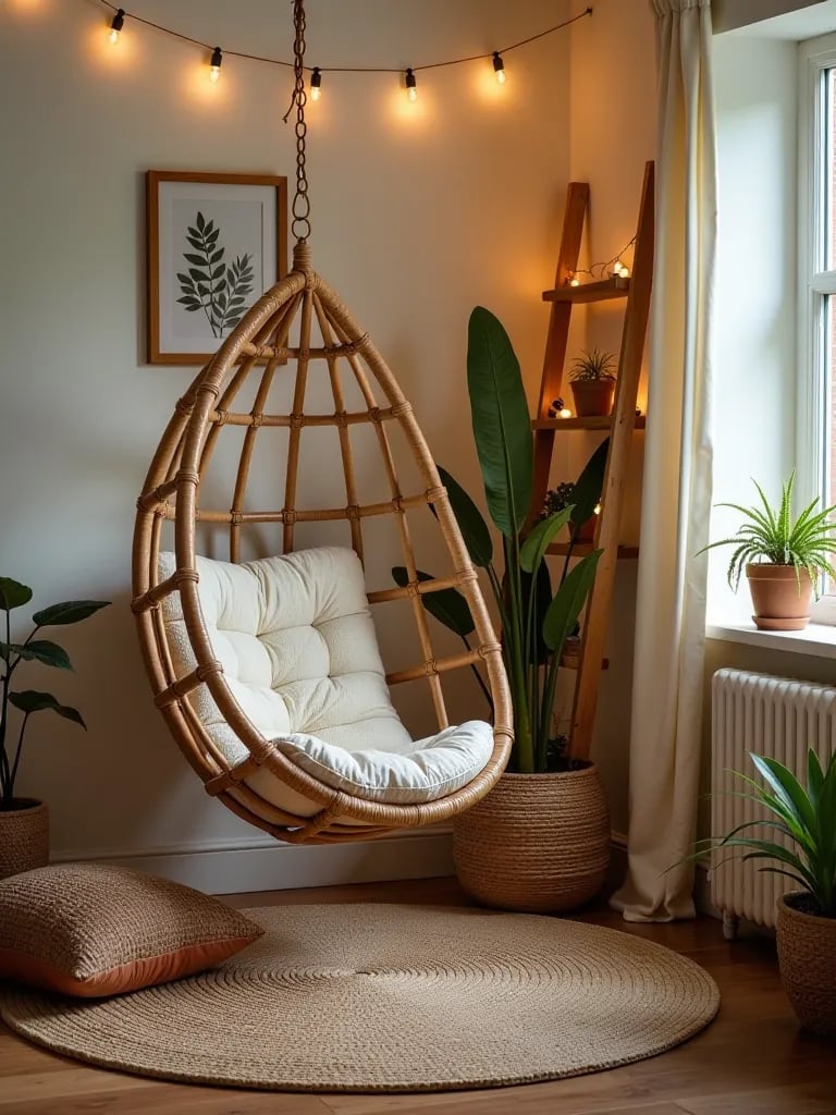 Cozy boho bedroom corner with hanging chair, cushions, and ladder shelf