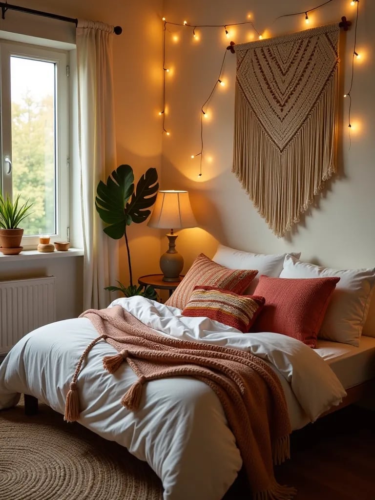 Cozy boho bedroom with macramé, string lights, and colorful textiles
