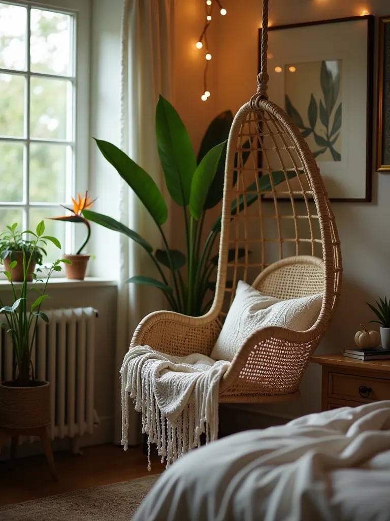 Cozy corner with string of pearls and bird of paradise plants