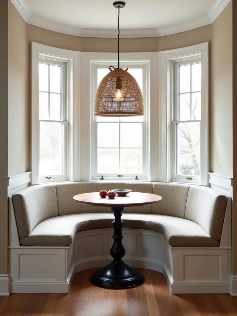 Cozy dining nook with built in banquette, round table, and woven pendant light