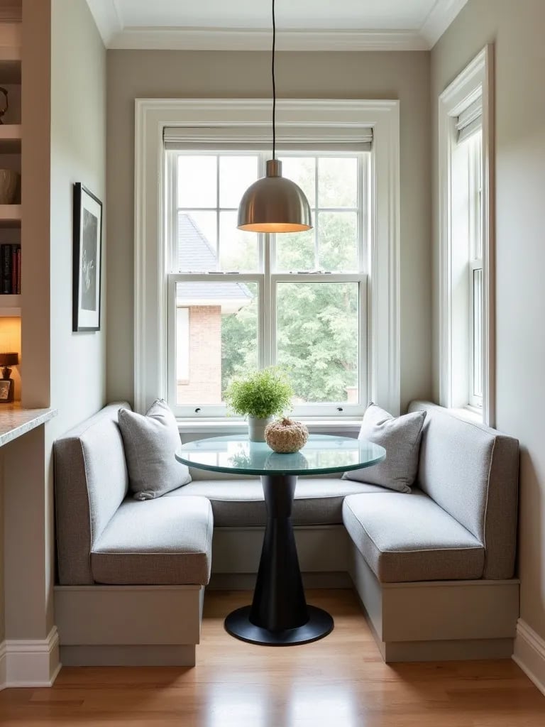 Cozy dining nook with small square glass table and bench seating