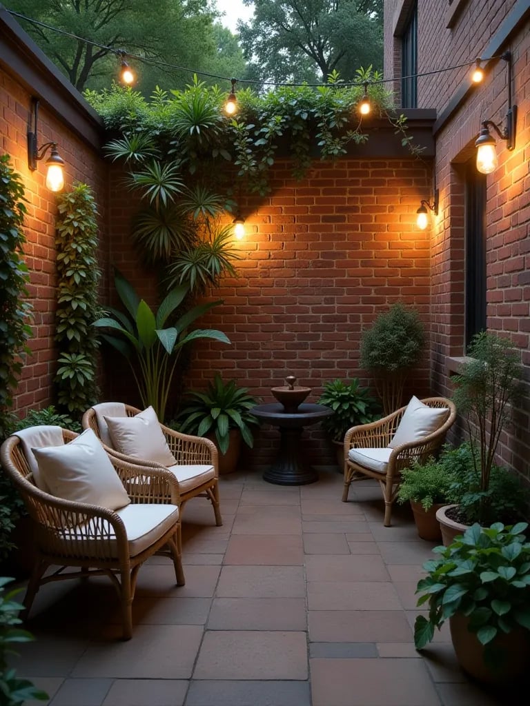 Cozy enclosed courtyard with hanging chairs and ambient lighting