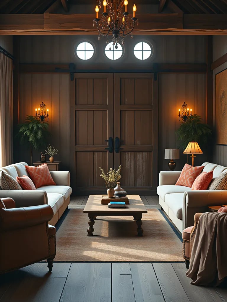Cozy farmhouse living room with distressed wood and mixed furniture